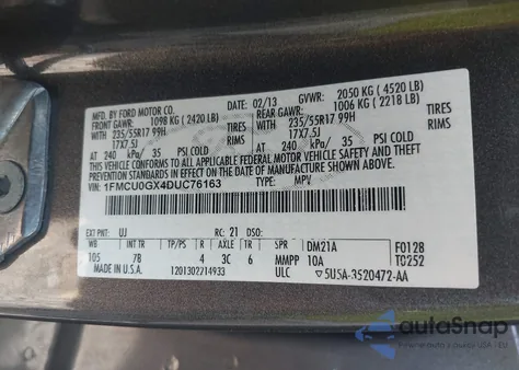 2013 Ford Escape Se из США, поврежденный, VIN 1FMCU0GX4DUC76163